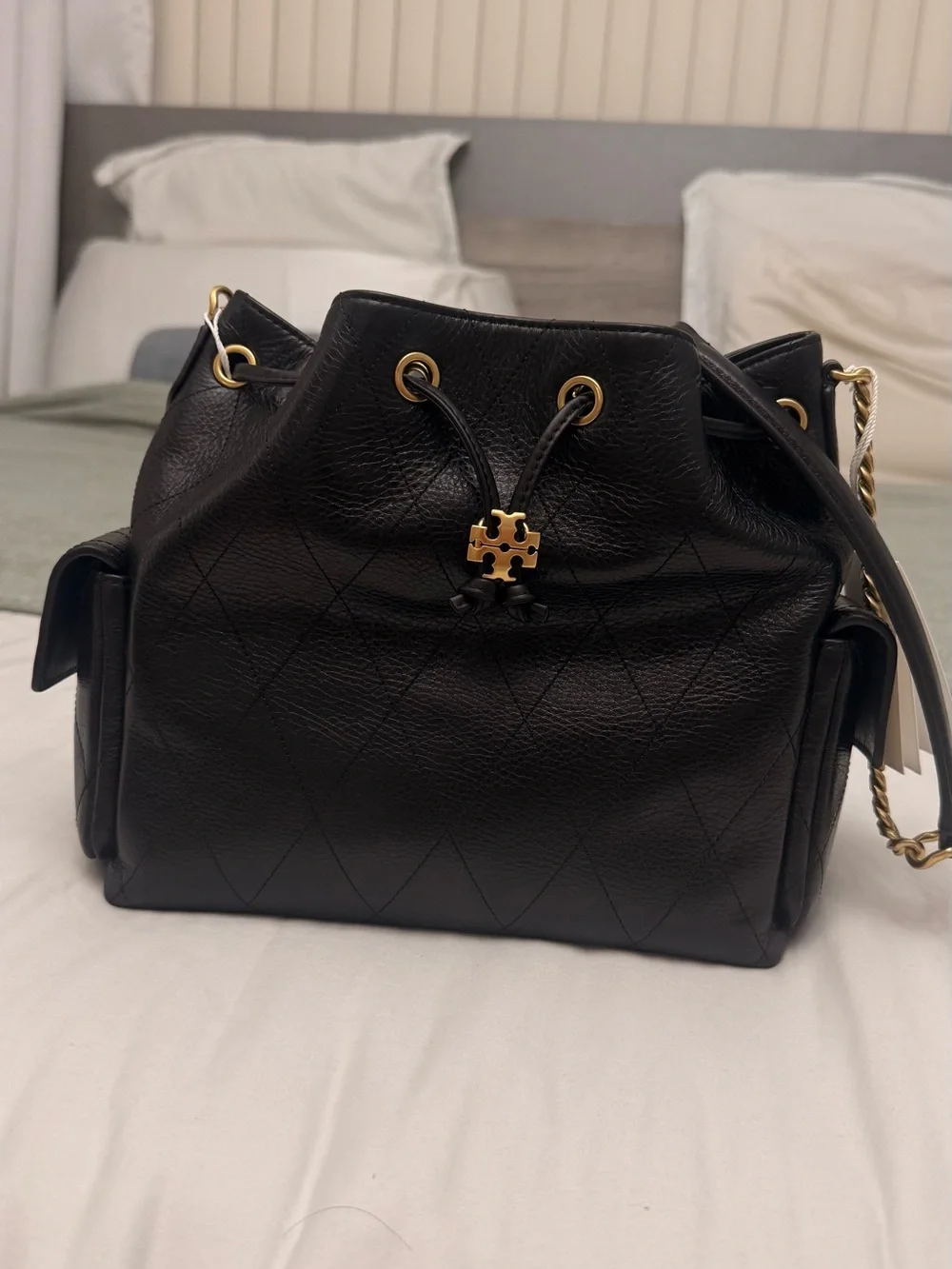 Tory Burch Black Quilted Leather Drawstring Shoulder Bag with Gold Hardware